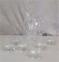 Glass pitcher with ship motif with (6) glasses