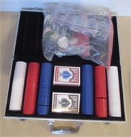 Poker chips, playing cards with case.