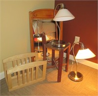 Wood magazine rack, lamps, mirror, small table.