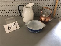 PYREX DISH / GRANITE PITCHER / COPPER TEA SET