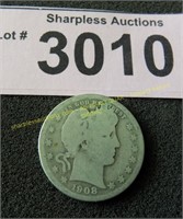 1908 D Barber silver quarter