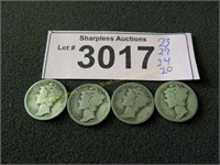 1923, 1927, 1924, 1920 Mercury silver dimes