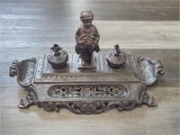 Large bronze inkwell with two ink wells w/figurine