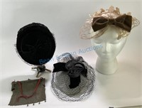 Collection of three ladies antique hats and metal