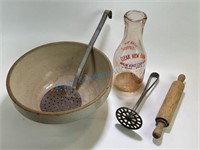 Unmark, crock bowl, various kitchen utensils, and