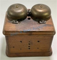 Antique oak cased double bell phone relay.