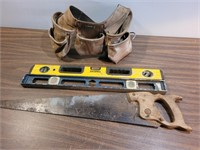 Tool Belt + 2 Levels + Antique Hand Saw