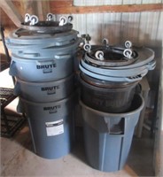 (5) Large trash cans with roller wheels and lids.