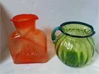 Amberina double spout & green glass pitcher
