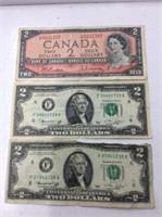 $2 Bills, 1 Canada & 2 U S A