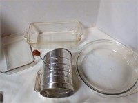 3 pyrex dishes w sifter