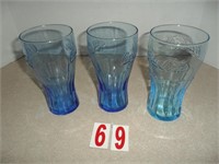 Set of 3 blue tinted coca cola glasses