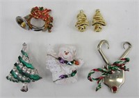 5pc Christmas Brooches & Pair of Clip Earrings