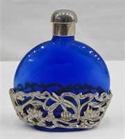 Vintage Cobalt Blue w Silver Overlay Scent Bottle