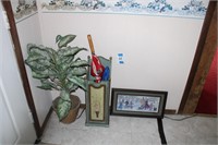 FRAMED PICTURE, PLANT  & UMBRELLA STAND W/ CONTENT