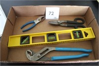 MISC. TOOLS BOX LOT - WRENCHES, SNIPPERS, LEVEL