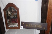 FRAMED WOODEN MIRROR & WELCOME SIGN