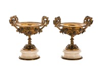 PAIR OF ANTIQUE FRENCH BRONZE & MARBLE URNS