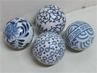 Four 5" Vtg Blue & White Porcelain Balls