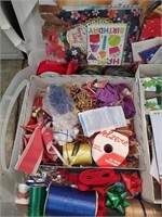 Box lot of gift wrapping ribbons,, bows and bags.