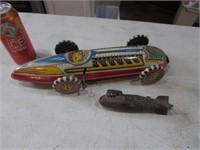 iron zepplin bank & marx tin toy windup race car