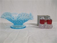 BLUE GLASS CANDY DISH & RETRO PLASTIC SALT/PEPPER