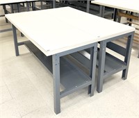 Two work station tables with steel base legs,