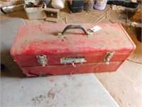 Red 24" metal tool box. 3/4" socket set