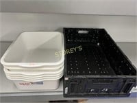 6 White Dish Bins & Black Storage Tote