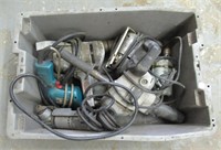 Bin of vintage electric tools including