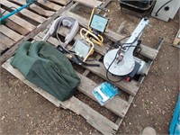 SKID OF MISC. SCROLL SAW, WORK LIGHTS, HIP WADERS