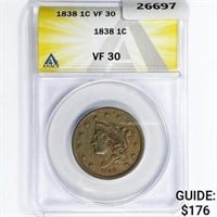 1838 Large Cent ANACS VF30