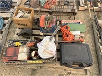 PALLET OF MISC; PIPE WRENCH, DRILL PRESS VICE,