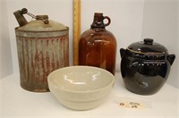 Pottery Bowl/Pot, Oil Can & Jug