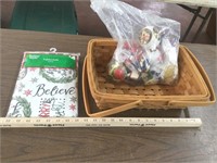 Wicker Basket w/ Christmas table cloth & bulbs