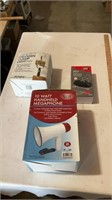 Megaphone, small grill cover, halogen clamp light