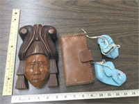 Moccasins leather wallet & wooden wall hanging
