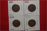 1881, 1883, 1883 & 1907 Indian Head Pennies