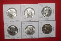 (6) Kennedy Half Dollars  1965 to 1969D Mix