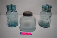 Two Aqua Blue Wire Bail Ball Jars w/Glass Lid