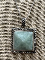 Sterling Silver Necklace w/Green Stone & Marcasite