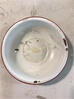 Vintage red rimmed bowl, Flintstone pot, pan