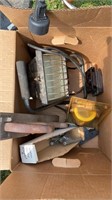 Box lot with work light , drink holder , tools