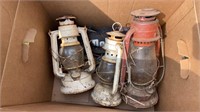 3 oil railroad lanterns, 2 smaller white ones and