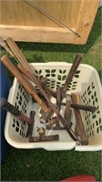 Tub lot of hammers, and handles , crowbar and