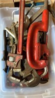 Tub lot of pipe wrenches , plumbing tools , pipe