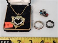 Gold Crown Inc. Necklace & 3- Vintage Rings
