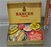 Vintage pinback buttons in cigar box, see pics