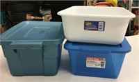 2 Smaller Totes w/Lids & Storage Bin