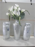 Three Decorative Vases One W/ Faux Lilies